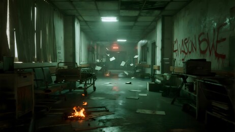 废弃医院走廊昏暗灯光与火焰