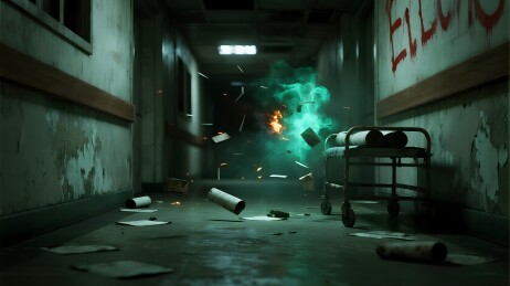 废弃医院走廊神秘绿光与火焰