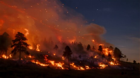 森林大火肆虐夜空映红