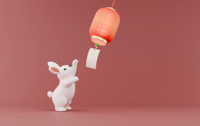 简约背景中3D兔子前手向上伸手抓灯笼