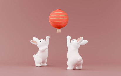 简约背景中3D兔子前手向上伸手抓灯笼