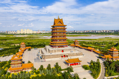 中国宁夏吴忠中华黄河楼航拍