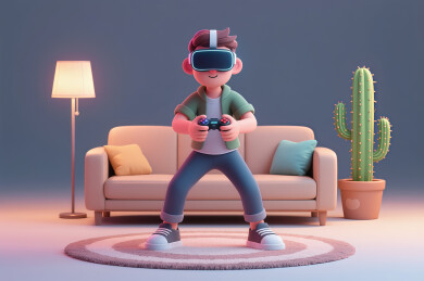 客厅里戴着VR眼镜手拿游戏手柄的男孩3D