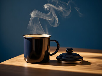 黑杯盛热饮的静谧场景