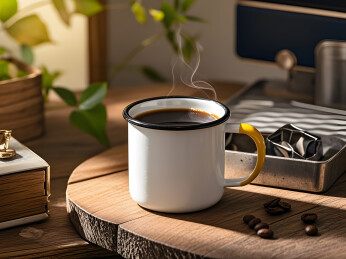 白杯黑边配咖啡的办公场景