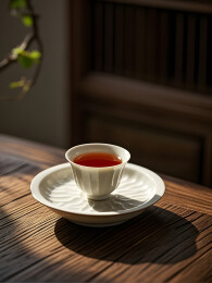 木台白杯盛热茶的清新场景