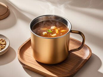 金属杯盛汤品配木托的温馨摆拍