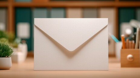 白色信封在办公室办公桌上的特写