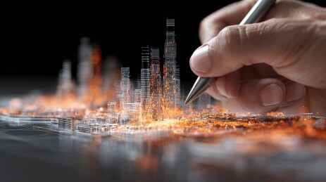 手握笔触碰未来城市模型