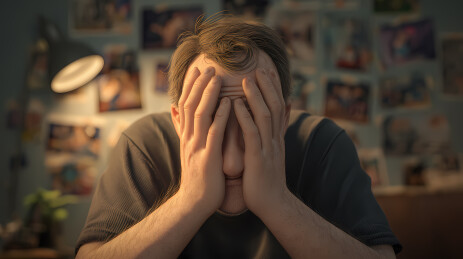 房间里抱头捂脸悲伤的男子插画图