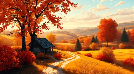 秋日暖阳下的乡村小屋