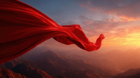 红绸飘扬于山巅夕阳