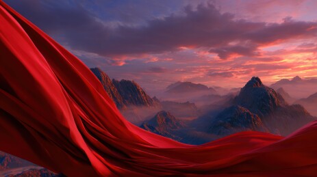 红绸飘扬于山巅夕阳