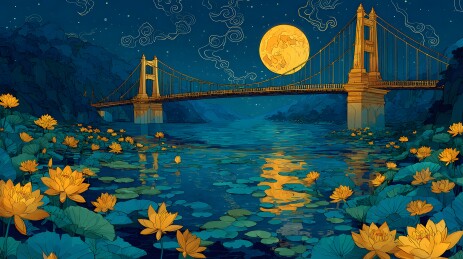 月夜悬桥与莲花池