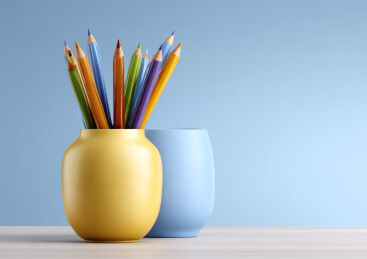 蓝色背景上一个插满铅笔的笔筒