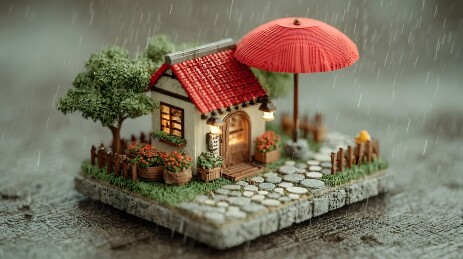 迷你红顶小屋与雨中红伞