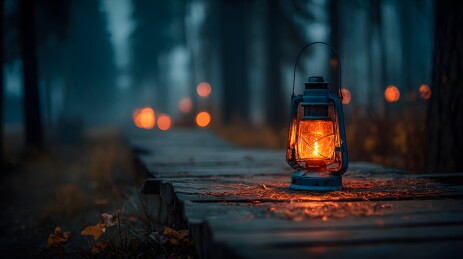 夜晚森林中的温暖油灯