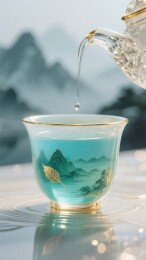 茶盏山水纹中式品茗场景