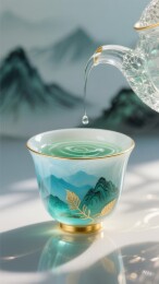 茶盏山水纹中式品茗场景