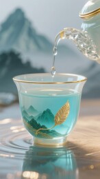 茶盏山水纹中式品茗场景