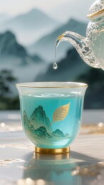 茶盏山水纹中式品茗场景