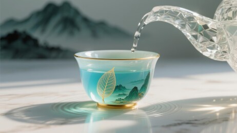 茶盏山水纹中式品茗场景