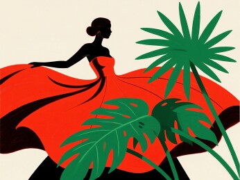 红裙女子与热带植物剪影