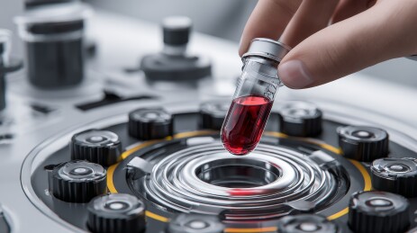 科学家手持含红色液体的小瓶在实验室