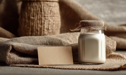 麻布背景牛奶罐与标签的质朴静物素材