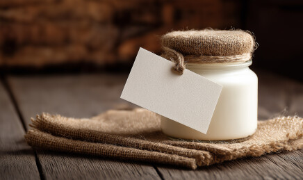 麻布背景牛奶罐与标签的质朴静物素材