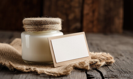 麻布背景牛奶罐与标签的质朴静物素材