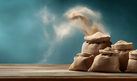 木桌麻袋谷物扬起粉尘美食摄影素材