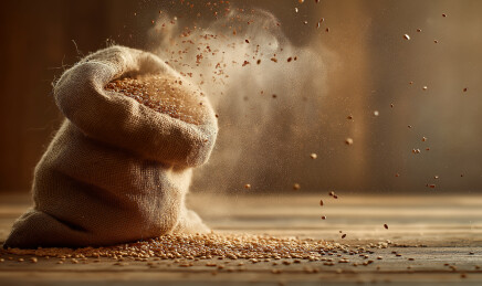 木桌麻袋麦粒扬起粉尘美食摄影素材