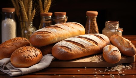 多种面包摆放在木桌上