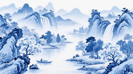 山水青花瓷绘传统国风场景