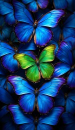 蓝色蝴蝶群中的绿色焦点