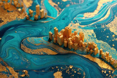 航拍河流穿过金色现代豪华城市3D立体场景