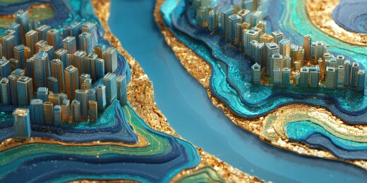 航拍河流穿过金色现代豪华城市3D立体场景