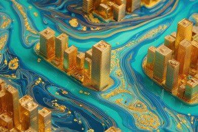 航拍河流穿过金色现代豪华城市3D立体场景