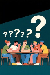 多人围坐疑惑场景插画