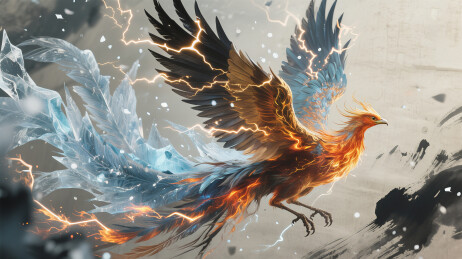 冰火凤凰雷电粒子水墨插画