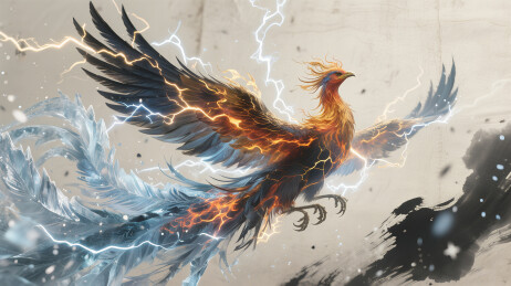 冰火凤凰雷电粒子水墨插画