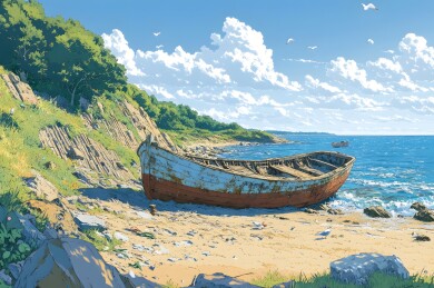 阳光下的破旧老船与蔚蓝海洋