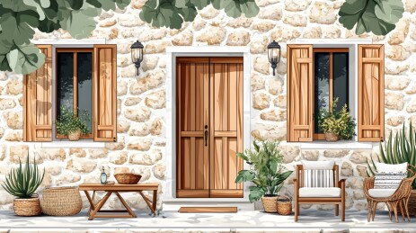 农舍小院中的石墙与木质家具