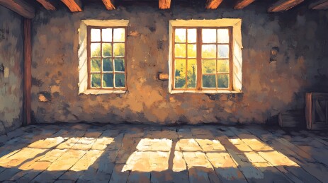 阳光下的旧阁楼木梁