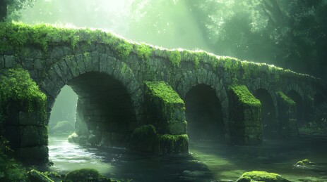 阳光斑驳的青苔石桥