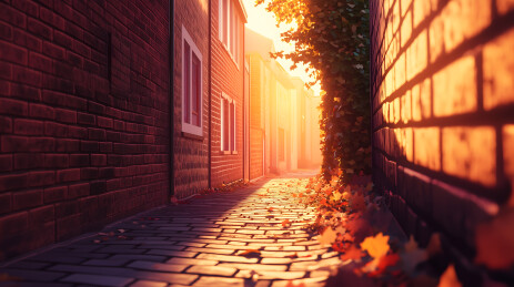 落日映照的秋色街巷