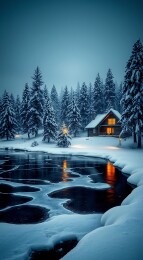 雪夜小木屋与冰冻湖面