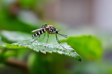 绿叶上停歇的蚊子特写图
