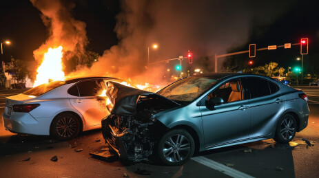 燃烧的汽车残骸